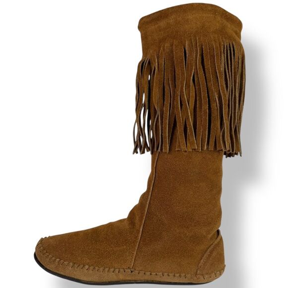 Taos Vintage 70s Tall Moccasins Boots Brown Tan Suede Fringe Conchos Women’s 8 - Picture 4 of 11